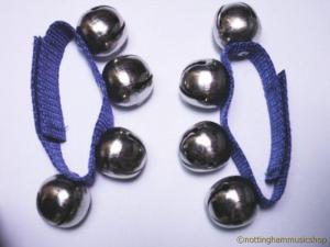 PAIR OF 25MM BLUE BELLS ON WRIST BANDS STRAPS MORRIS DANCE