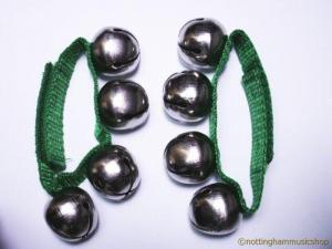 PAIR OF GREEN WRIST BELLS STRAPS MORRIS DANCE BELLS